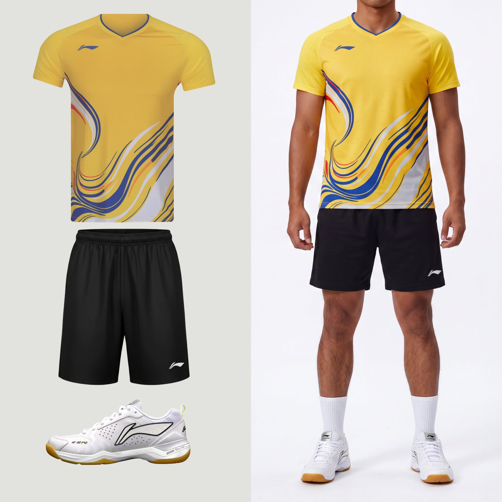 Li-Ning Wave Stripes Yellow Unisex badminton t-shirt with shorts and shoes for men and women
